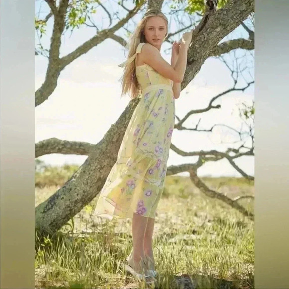 NWT LOVESHACKFANCY Ayala Floral Tiered Midi Dress Bright Azalea Yellow 2 - Picture 1 of 5